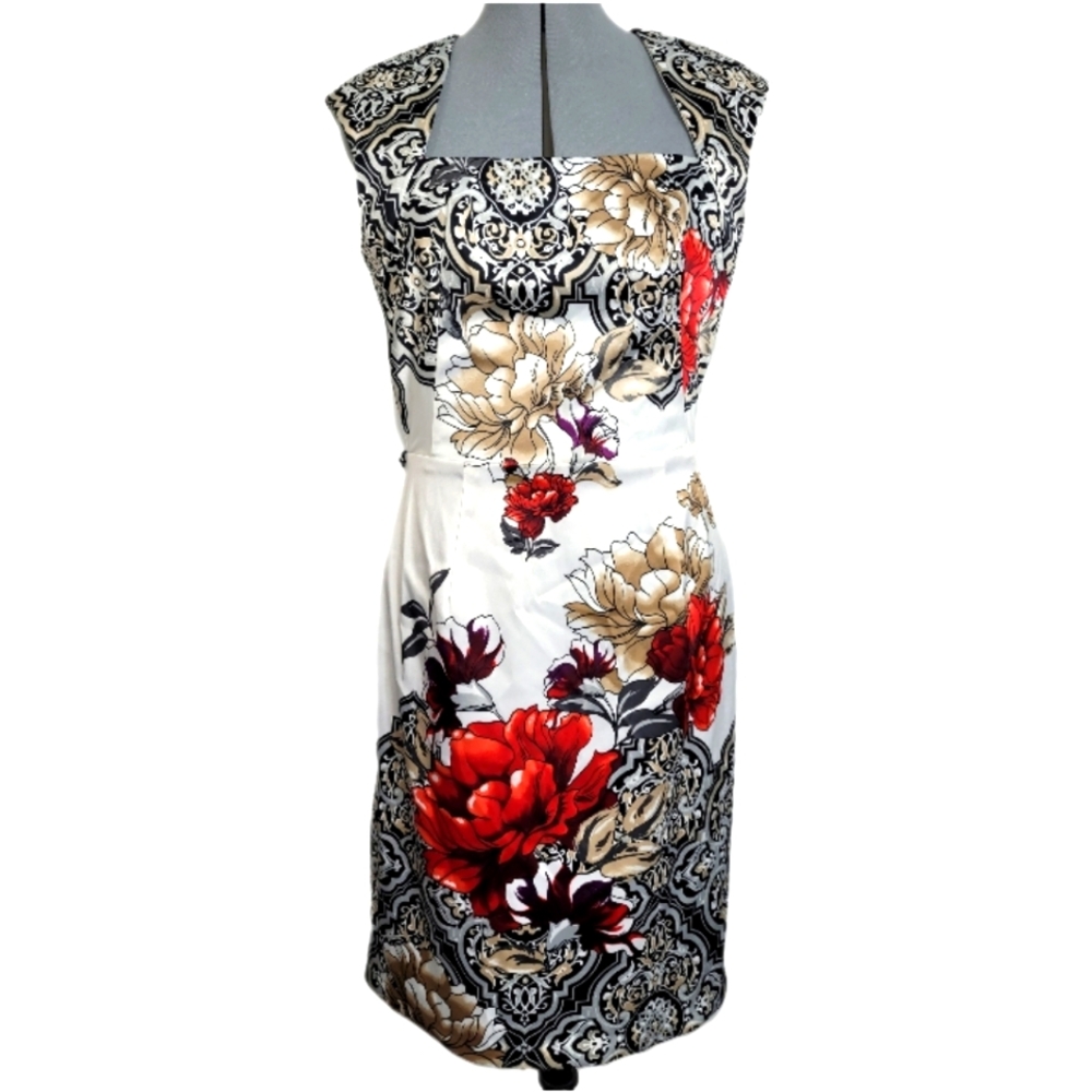 White House Black Market Red Floral cap sleeve tailored dress, Size 6